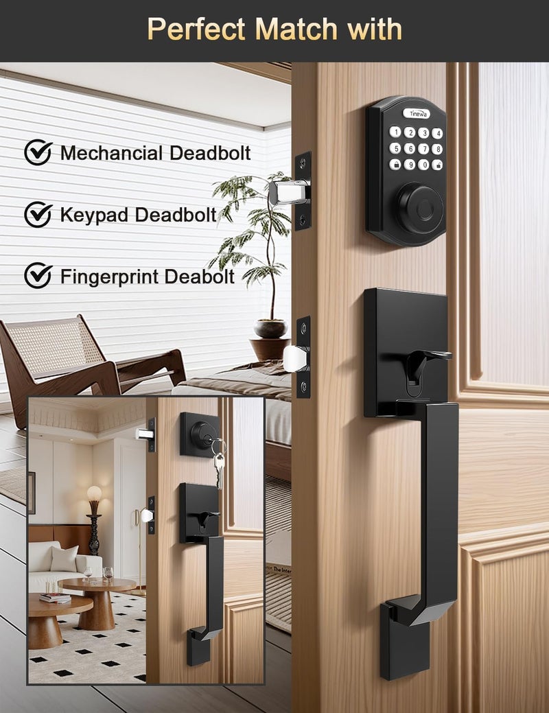 Tinewa Square Matte Black Front Door Handle with Classic Door Lever, Upgrated Exterior Door Entry Handle No Lock, Reversible for Left & Right Handed - Image 4